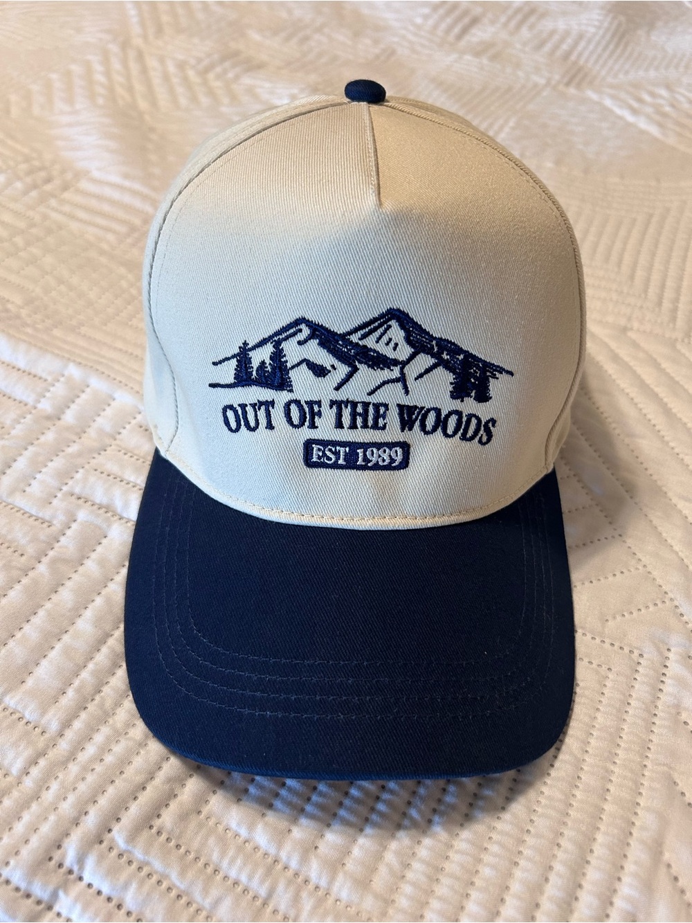 Out of the Woods Embroidered Snapback Hat in White & Blue
